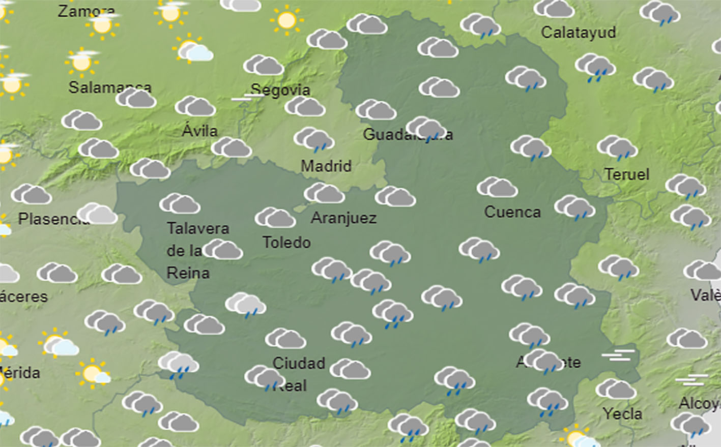 Mapa tiempo en CLM con lluvias y bajada de temperaturas