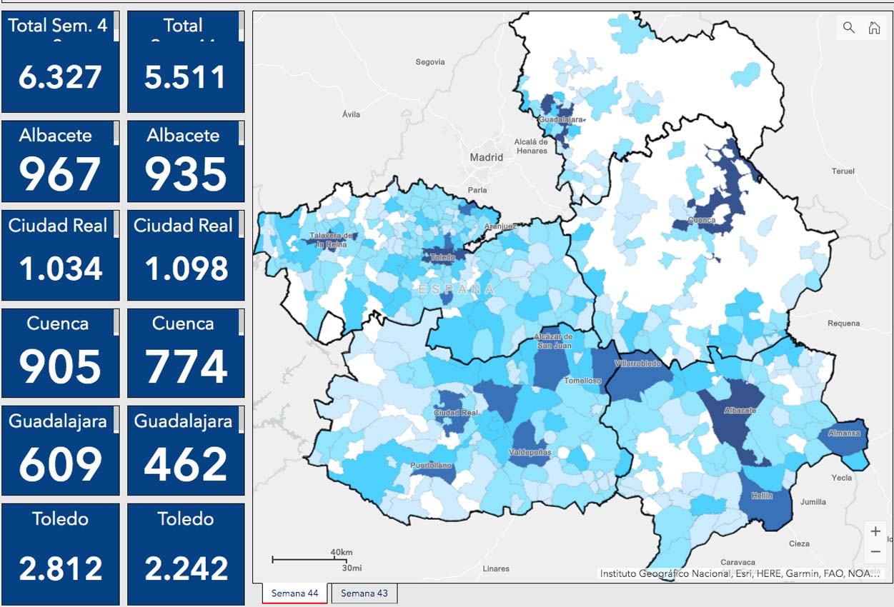 Casos por municipios en Castilla-La Mancha.