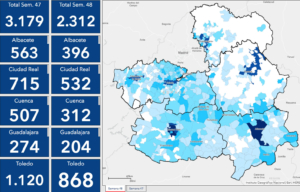 Mapa de los casos por municipios en Castilla-La Mancha.