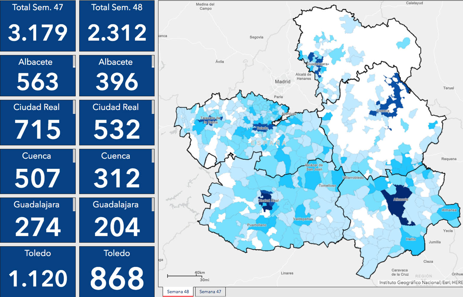 Mapa de los casos por municipios en Castilla-La Mancha.