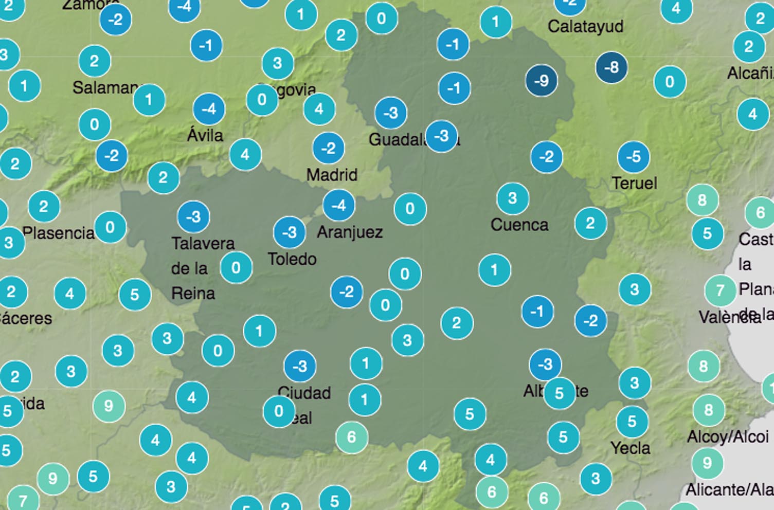 Previsión de temperatura de Aemet para las primeras horas de la mañana del martes 19.