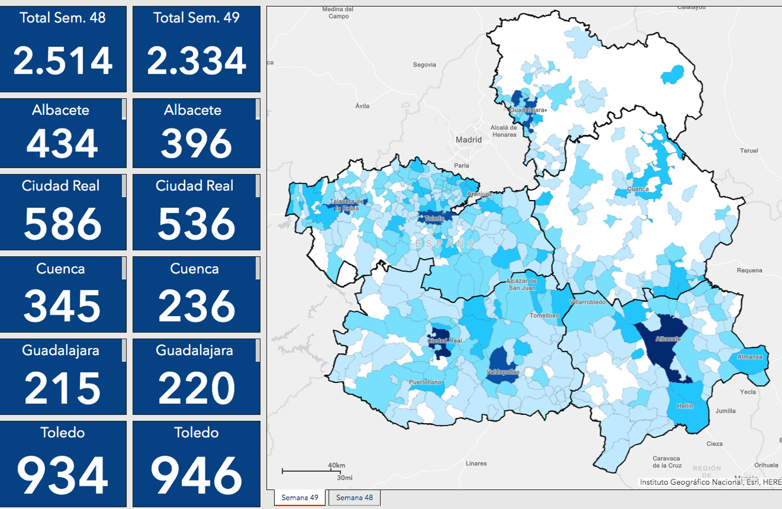 Casos por municipios en Castilla-La Mancha.