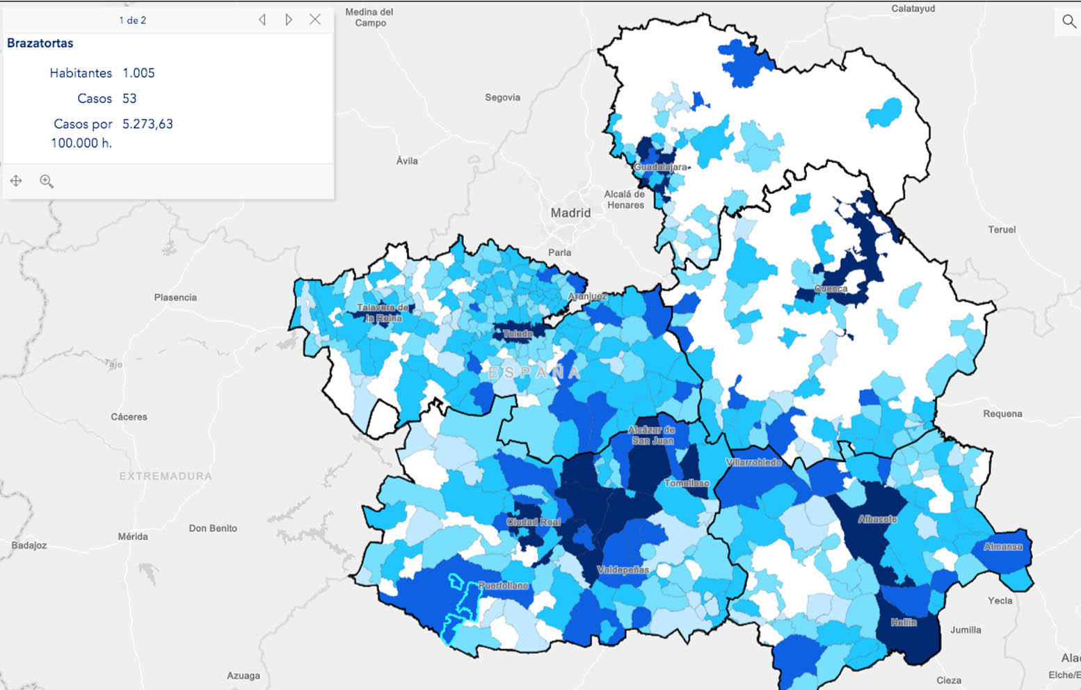 Mapa de casos por municipios en Castilla-La Mancha.