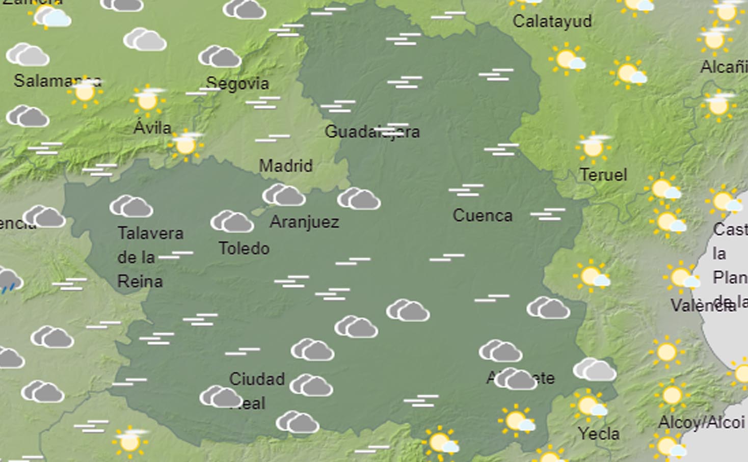 Mapa del tiempo en CLM, con nubes y bajada en los termómetros