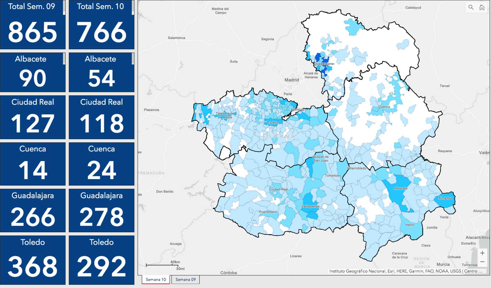 Mapa de los casos por municipios en Castilla-La Mancha.