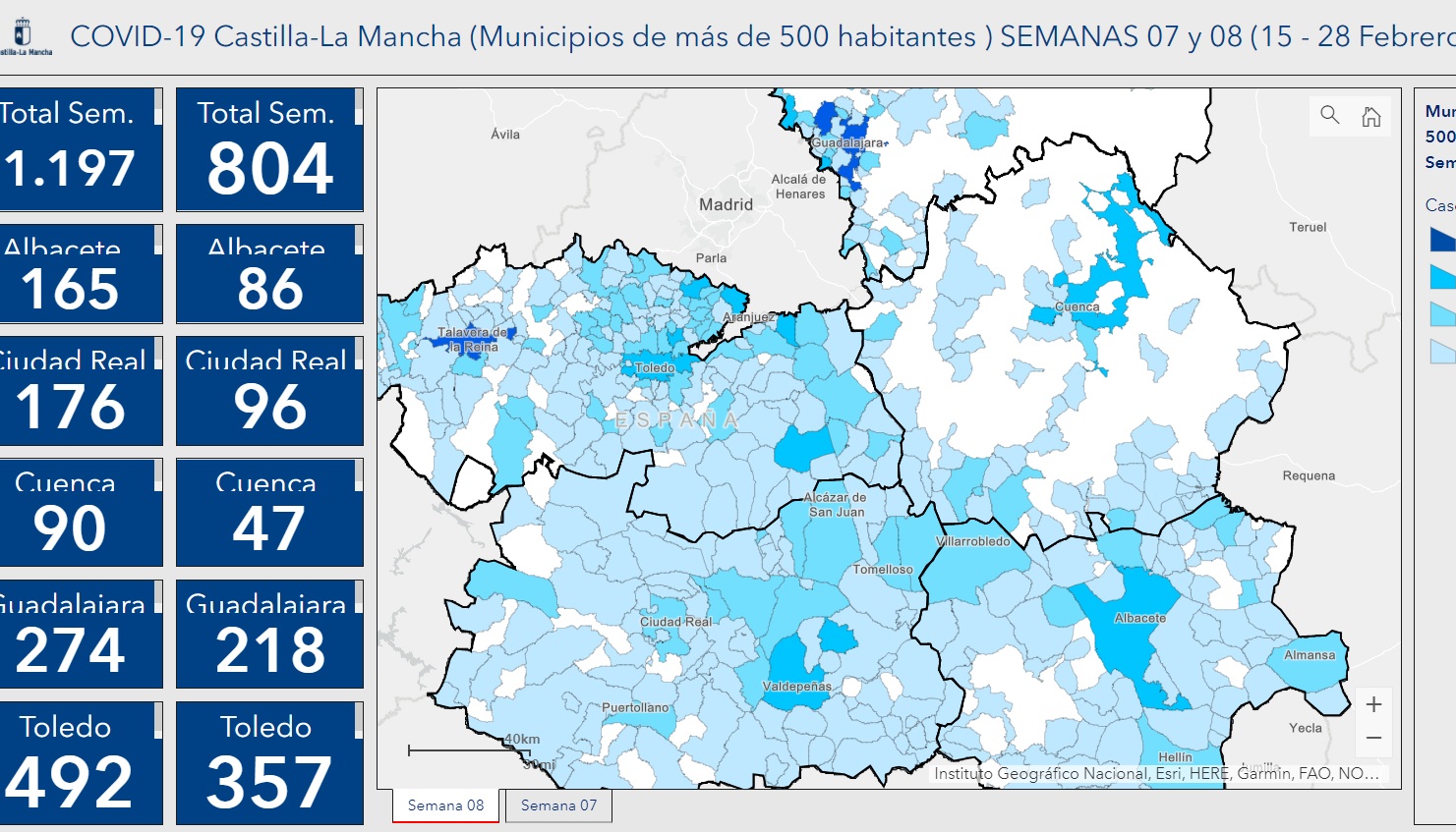 Mapa de los casos por municipios que publica el Gobierno de Castilla-La Mancha.