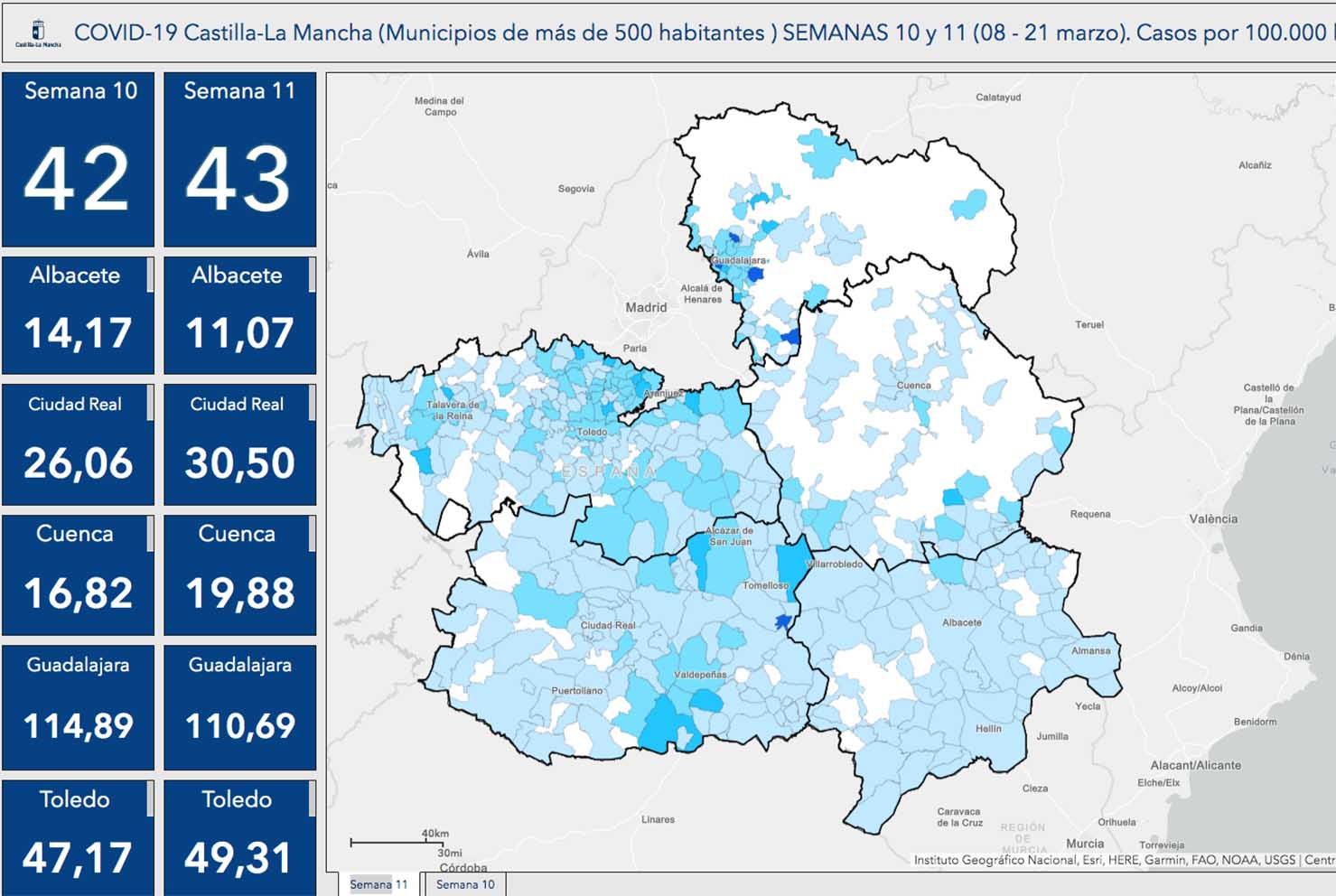 Mapa de los casos por municipios.