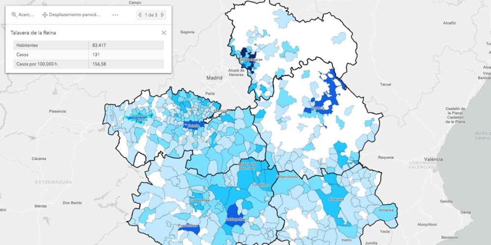 Mapa de los casos por municipios en Castilla-La Mancha.