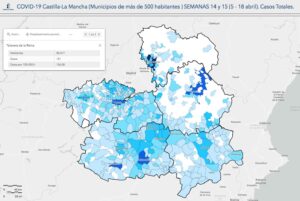 Mapa de los casos por municipios en Castilla-La Mancha.