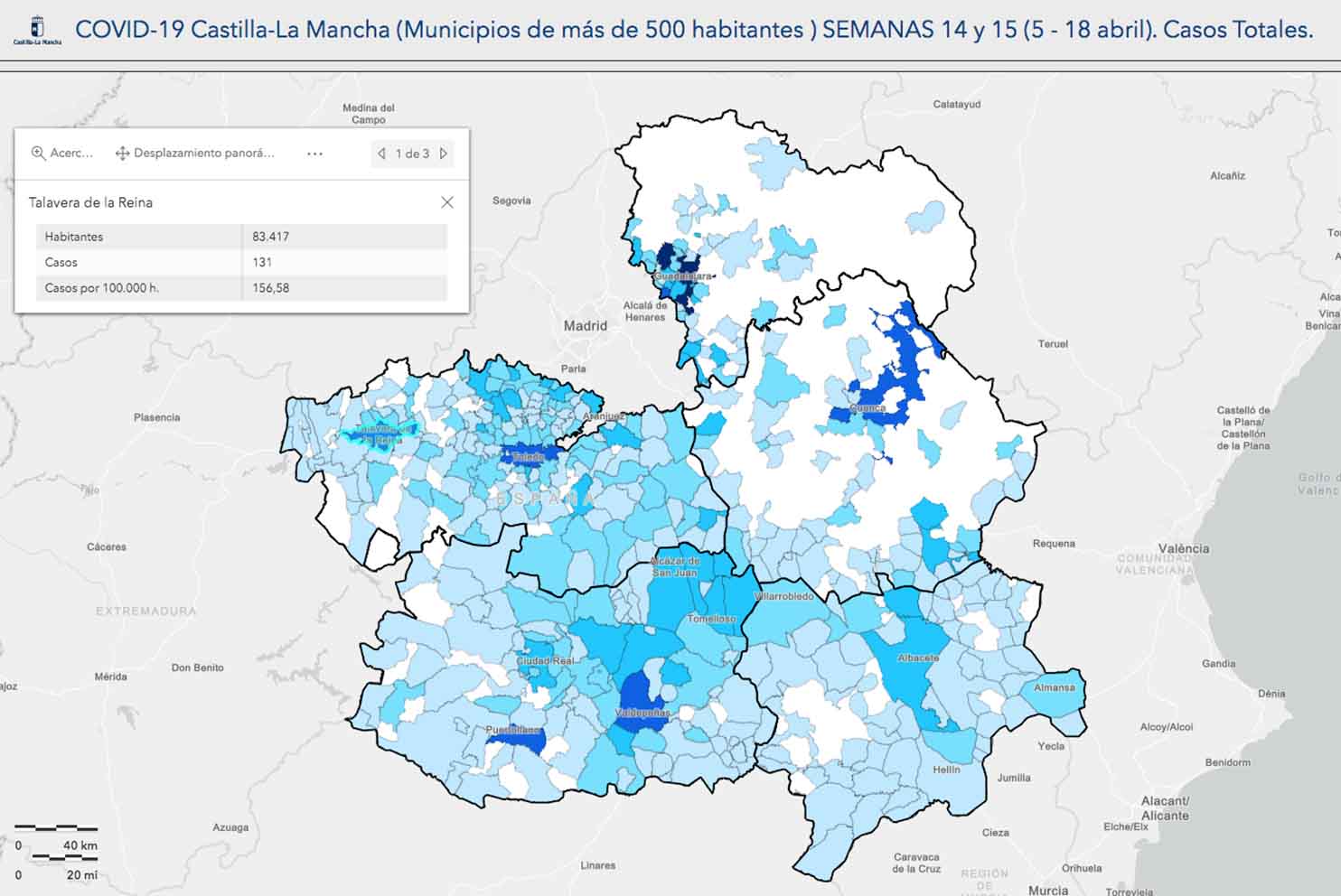 Mapa de los casos por municipios en Castilla-La Mancha.