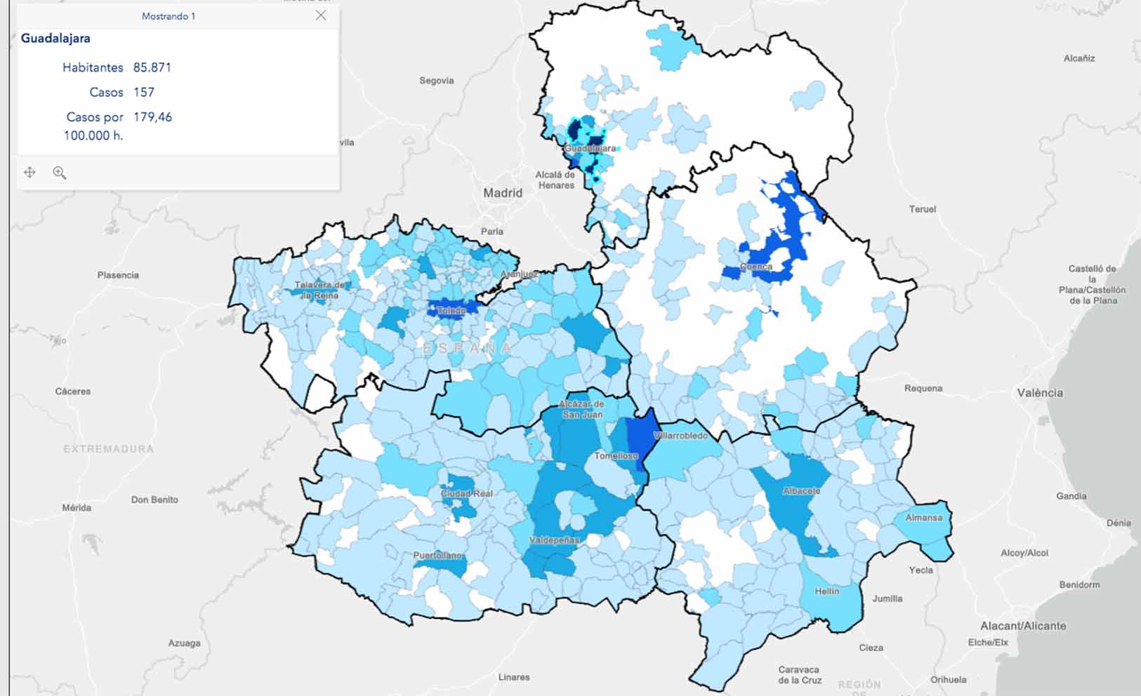 Mapa de los casos por municipios.