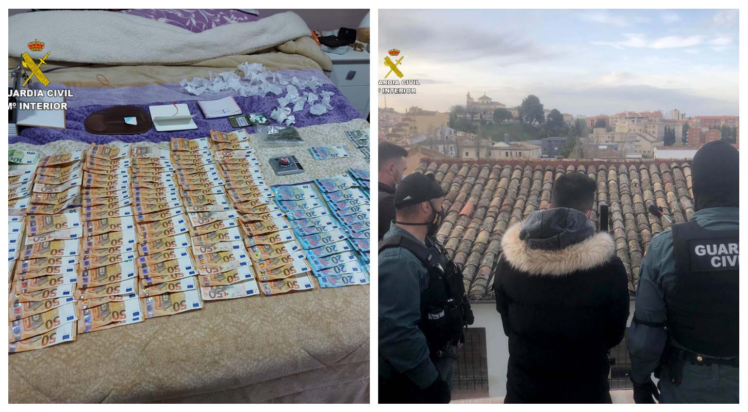Droga y dinero incautado / momento en el que la Guardia Civil practica detenciones en Cuenca.