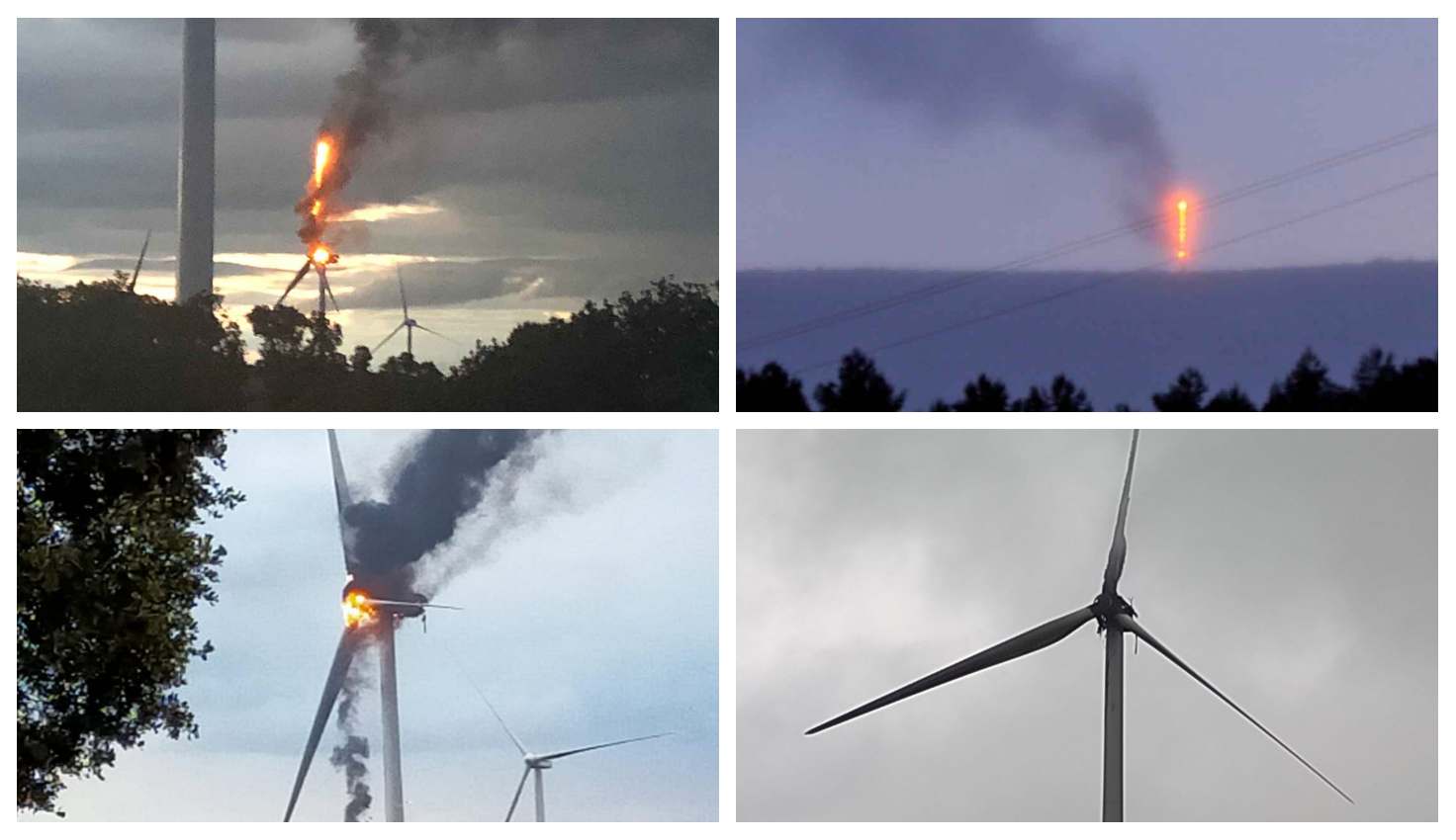 El incendio del molino eólico en Villalba del Rey (Cuenca), en distintas fases. Abajo a la derecha, el estado que presentaba esta mañana.