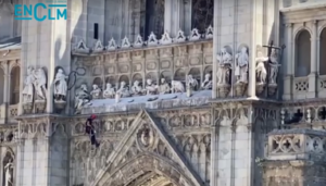 Un bombero de Toledo, colgado de la fachada de la Catedral con el objetivo de quitar los hierbajos que crecen y se desarrollan por cualquier recoveco.