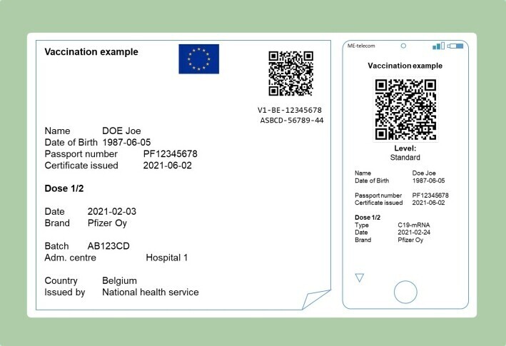 Imagen del certificado digital con el que las personas vacunadas y los que hayan pasado la enfermedad pueden viajar libremente por Europa.