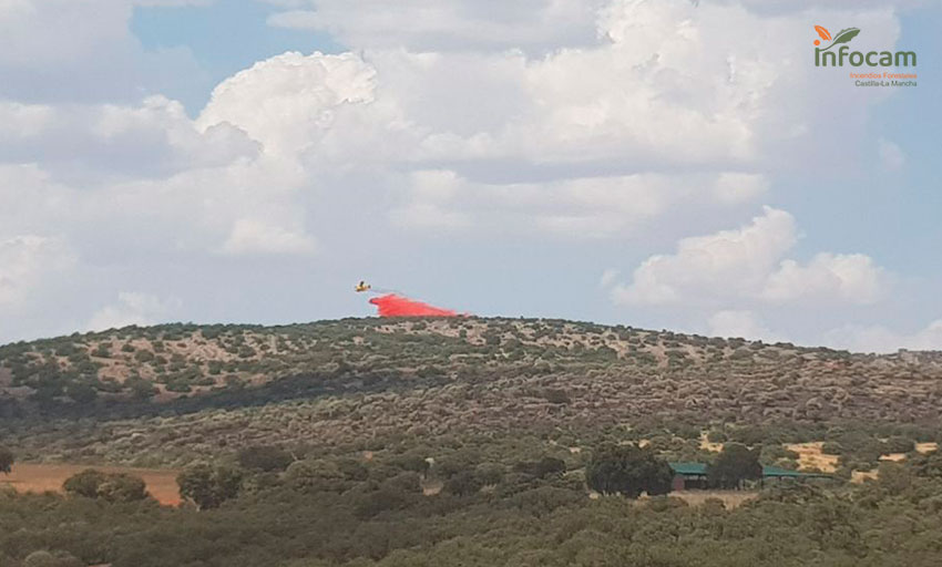 Un hidroavión descarga sobre un incendio en Castilla-La Mancha.