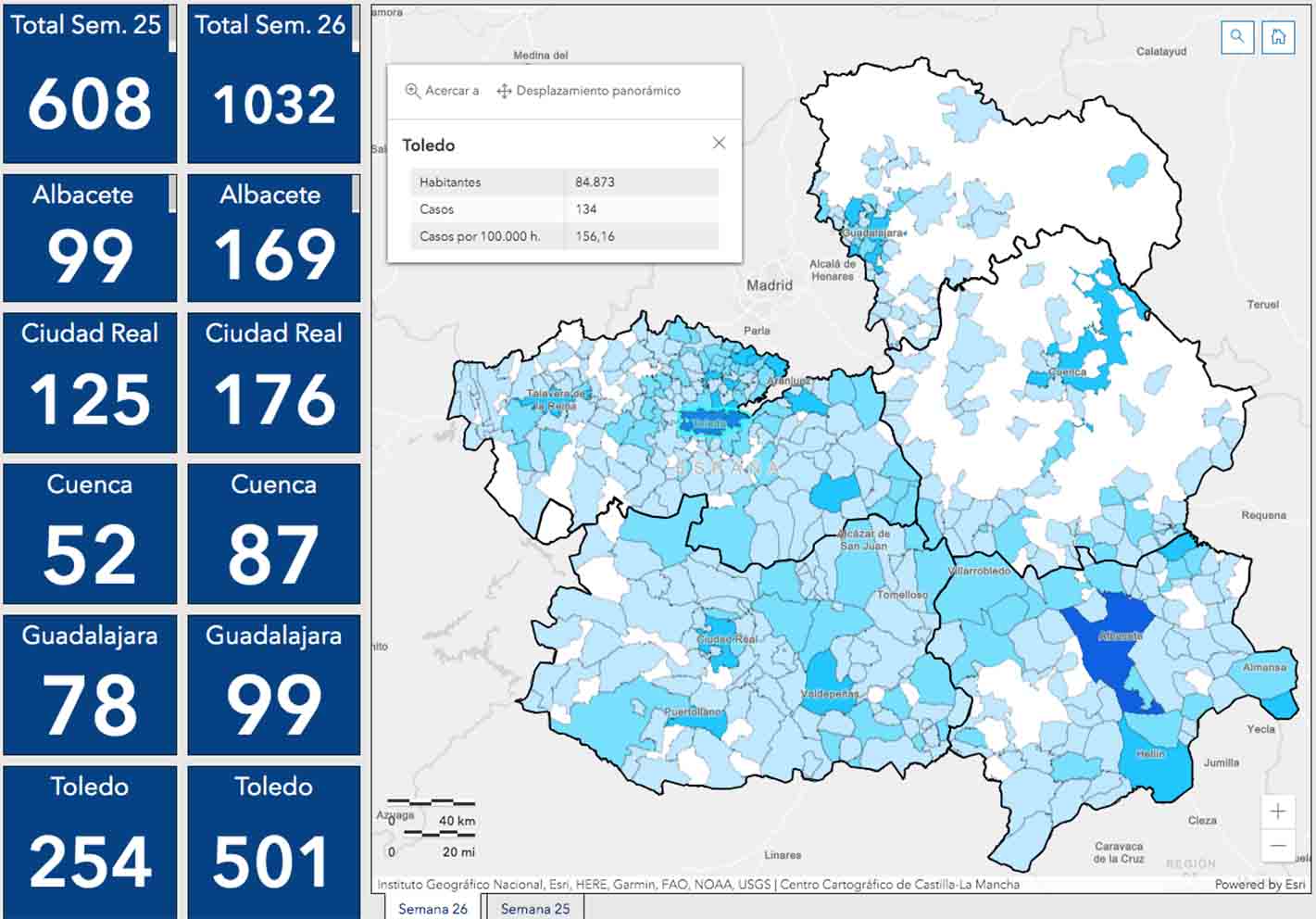 Mapa de los casos por municipios en Castilla-La Mancha.