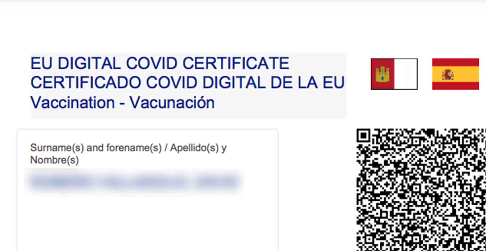 Imagen del certificado de vacunación en Castilla-La Mancha.