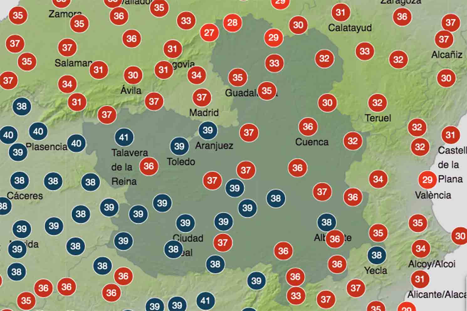 Previsiones meteorológicas de Aemet en Castilla-La Mancha para las 16 horas de este miércoles.