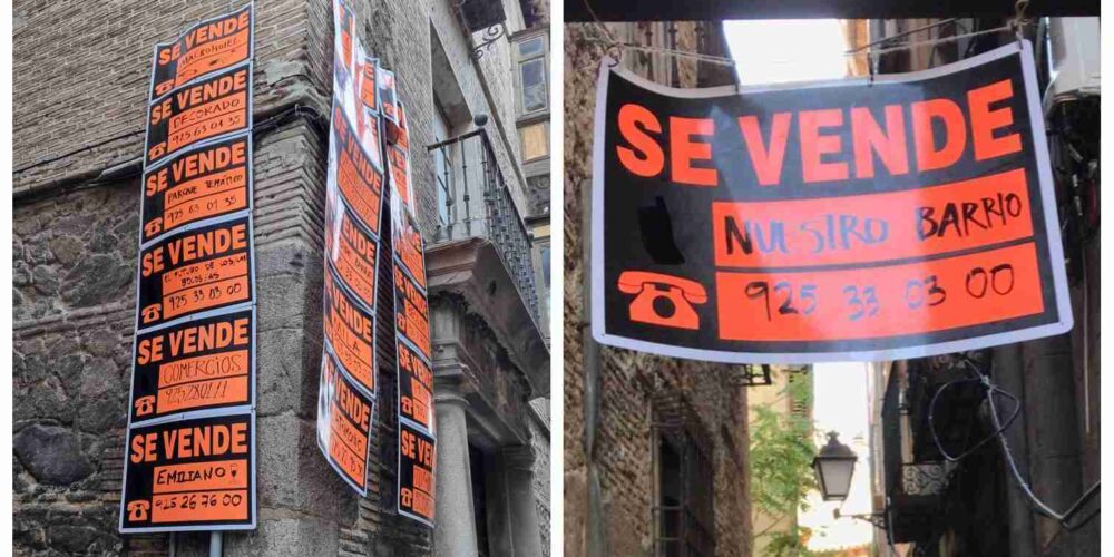 Algunos de los carteles de protesta que han aparecido en el casco de Toledo.