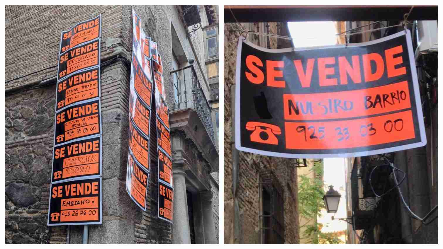 Algunos de los carteles de protesta que han aparecido en el casco de Toledo.