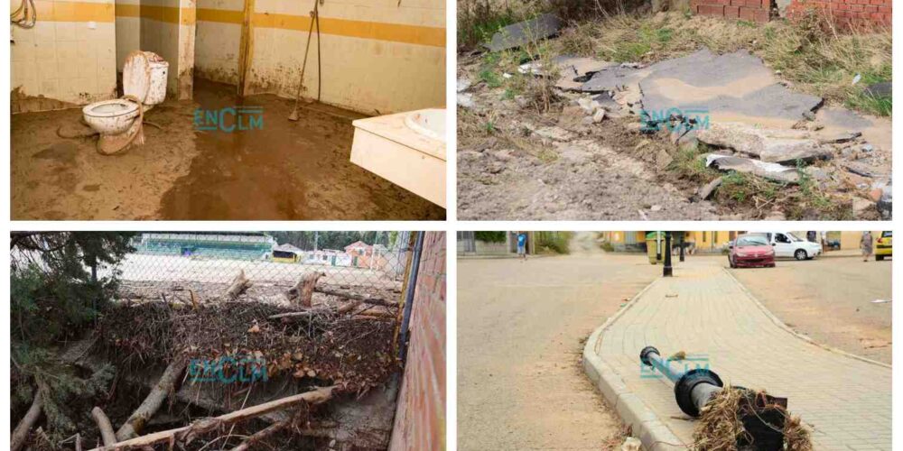 Daños ocasionados por la DANA en el auditorio de Guadamur, el campo de fútbol de Santa Bárbara y en otras calles de Guadamur y Cobisa.