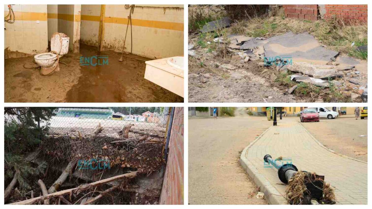 Daños ocasionados por la DANA en el auditorio de Guadamur, el campo de fútbol de Santa Bárbara y en otras calles de Guadamur y Cobisa.