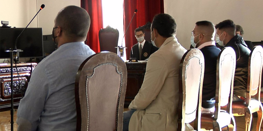 Los cuatro acusados, durante la primera sesión del juicio en la Audiencia Provincial de Toledo.