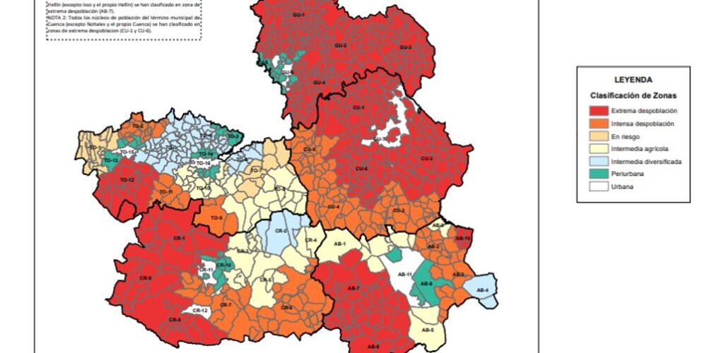 El mapa de los municipios de Castilla-La Mancha con la clasificación de su nivel de despoblación.