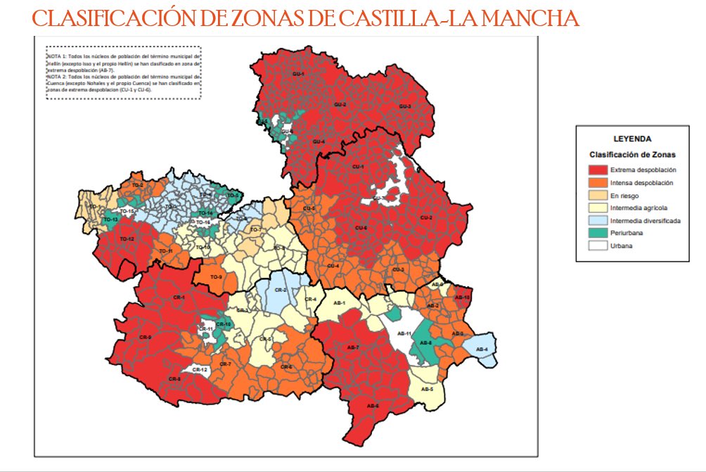 El mapa de los municipios de Castilla-La Mancha con la clasificación de su nivel de despoblación.