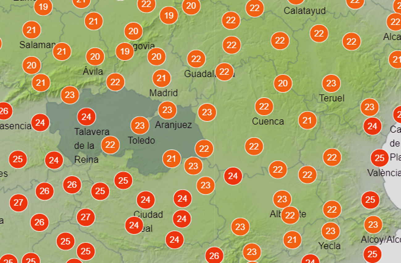 Previsiones térmicas de Aemet para hoy a las 15 horas.