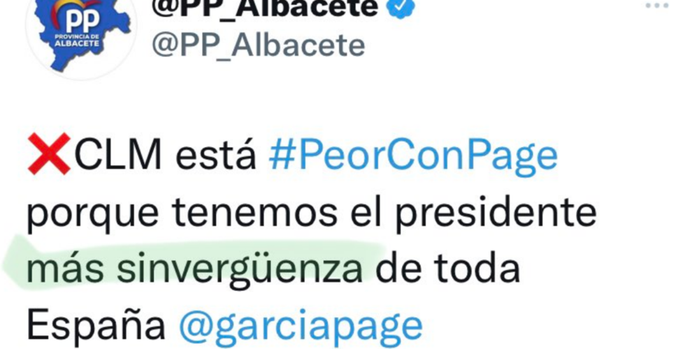 Este es el tuit aparecido en la cuenta del PP de Albacete y por el que su presidente provincial ha tenido que pedir disculpas.