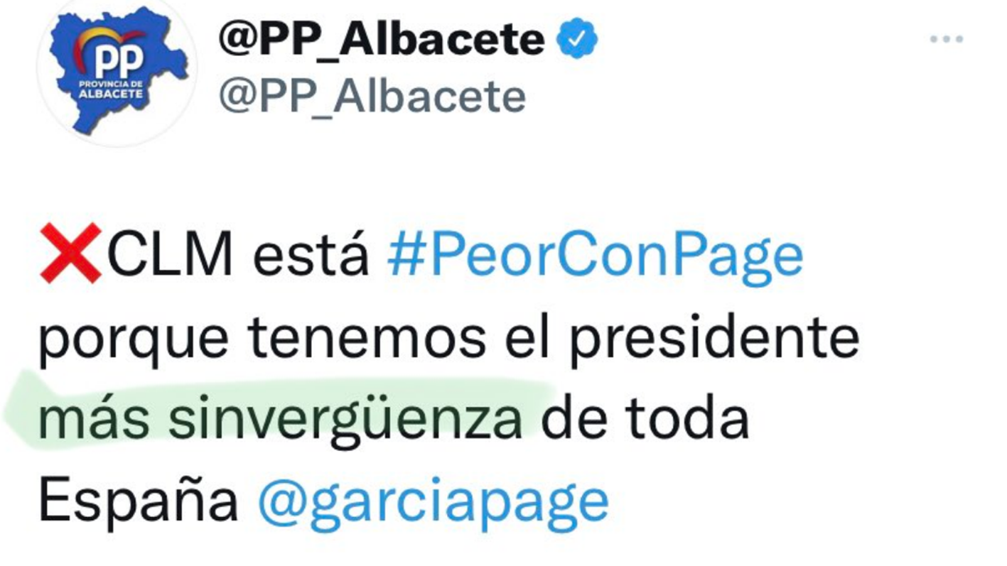 Este es el tuit aparecido en la cuenta del PP de Albacete y por el que su presidente provincial ha tenido que pedir disculpas.