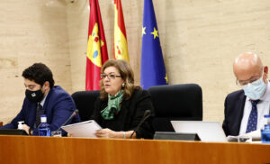 Carmen Amores, directora general de CMMedia, durante su comparecencia en las Cortes regionales.