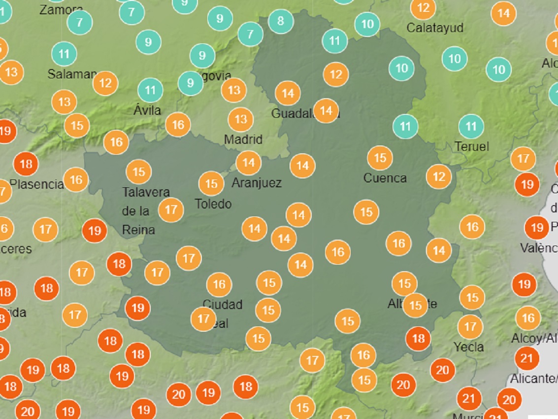Previsiones de temperaturas de Aemet para este domingo a las 13 horas.