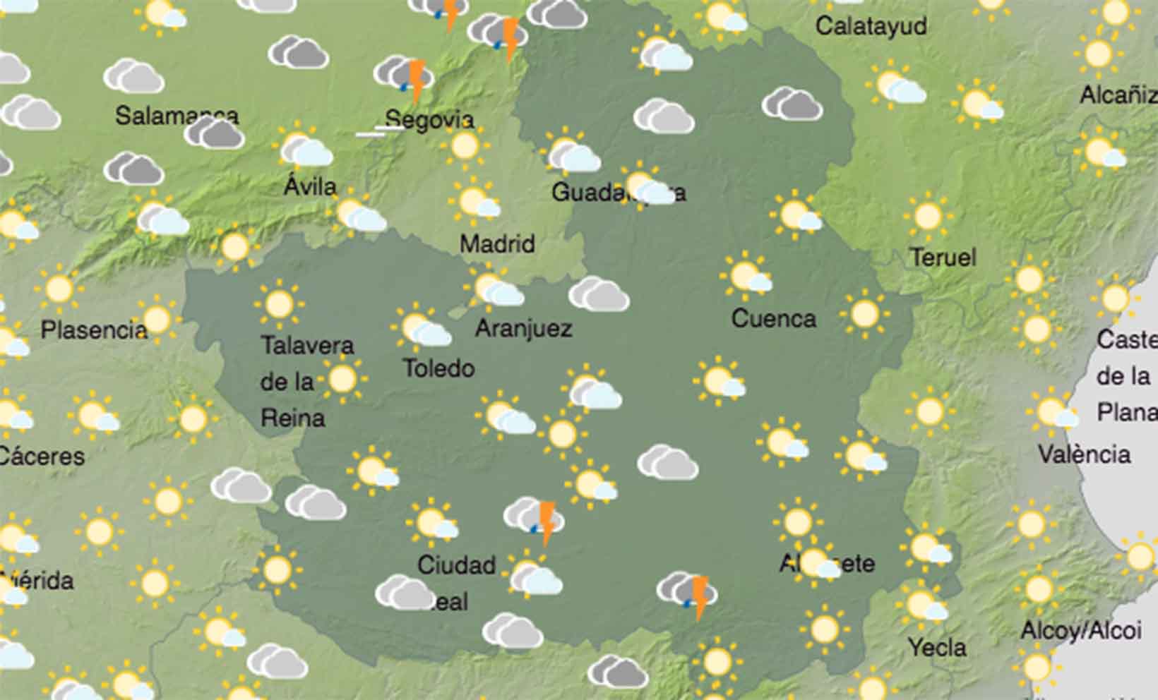 Previsiones de Aemet para las 12 de la mañana en Castilla-La Mancha.