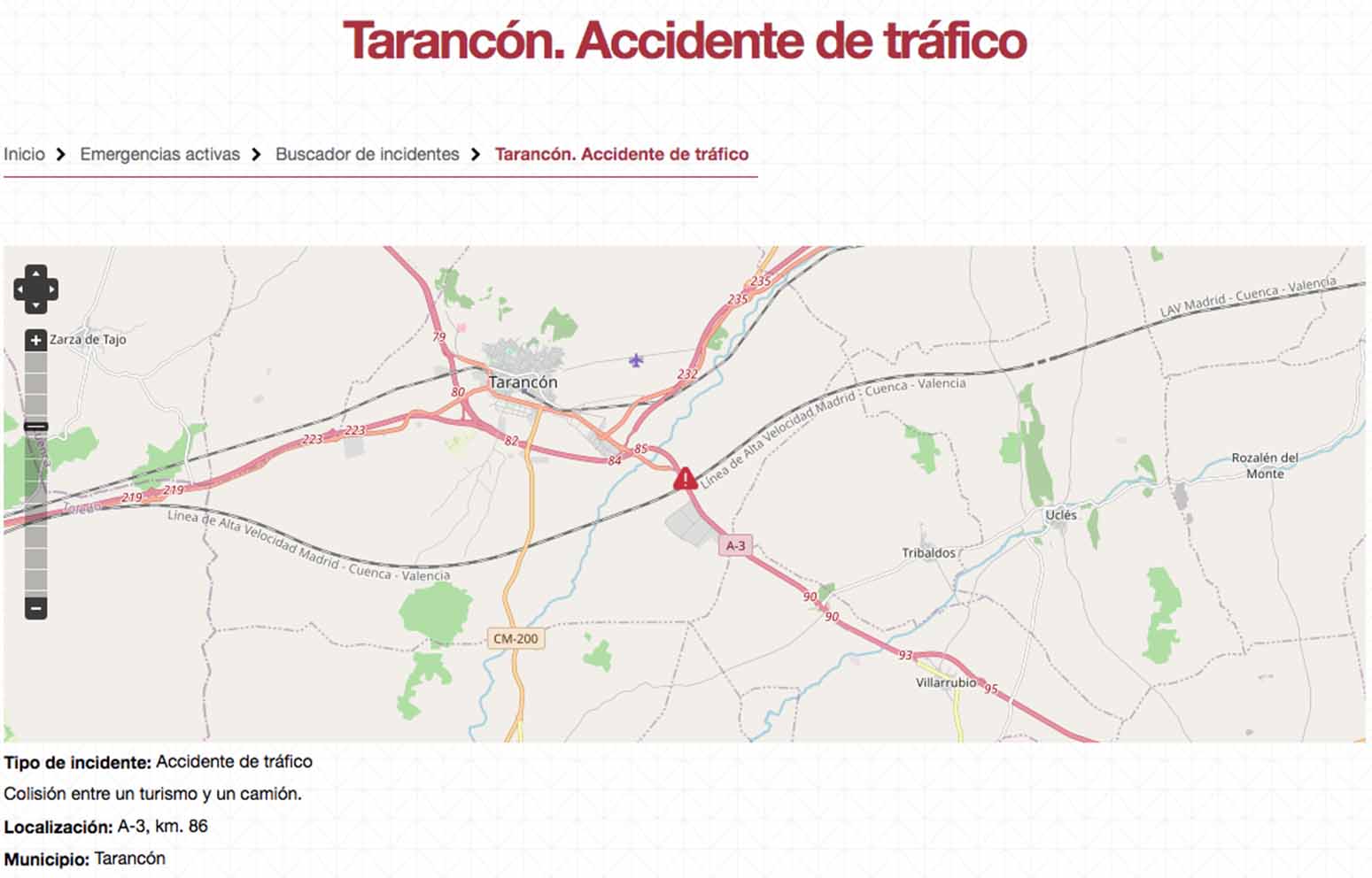 El accidente se ha producido en el kilómetro 86 de la A-3, a la altura de Tarancón.