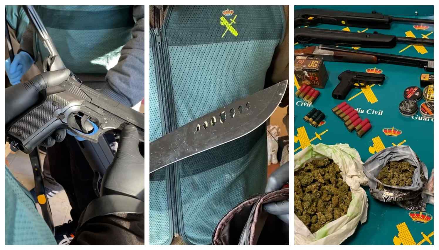 Armas, droga... la Guardia Civil encontró de todo en el bloque ocupado por los dos detenidos.