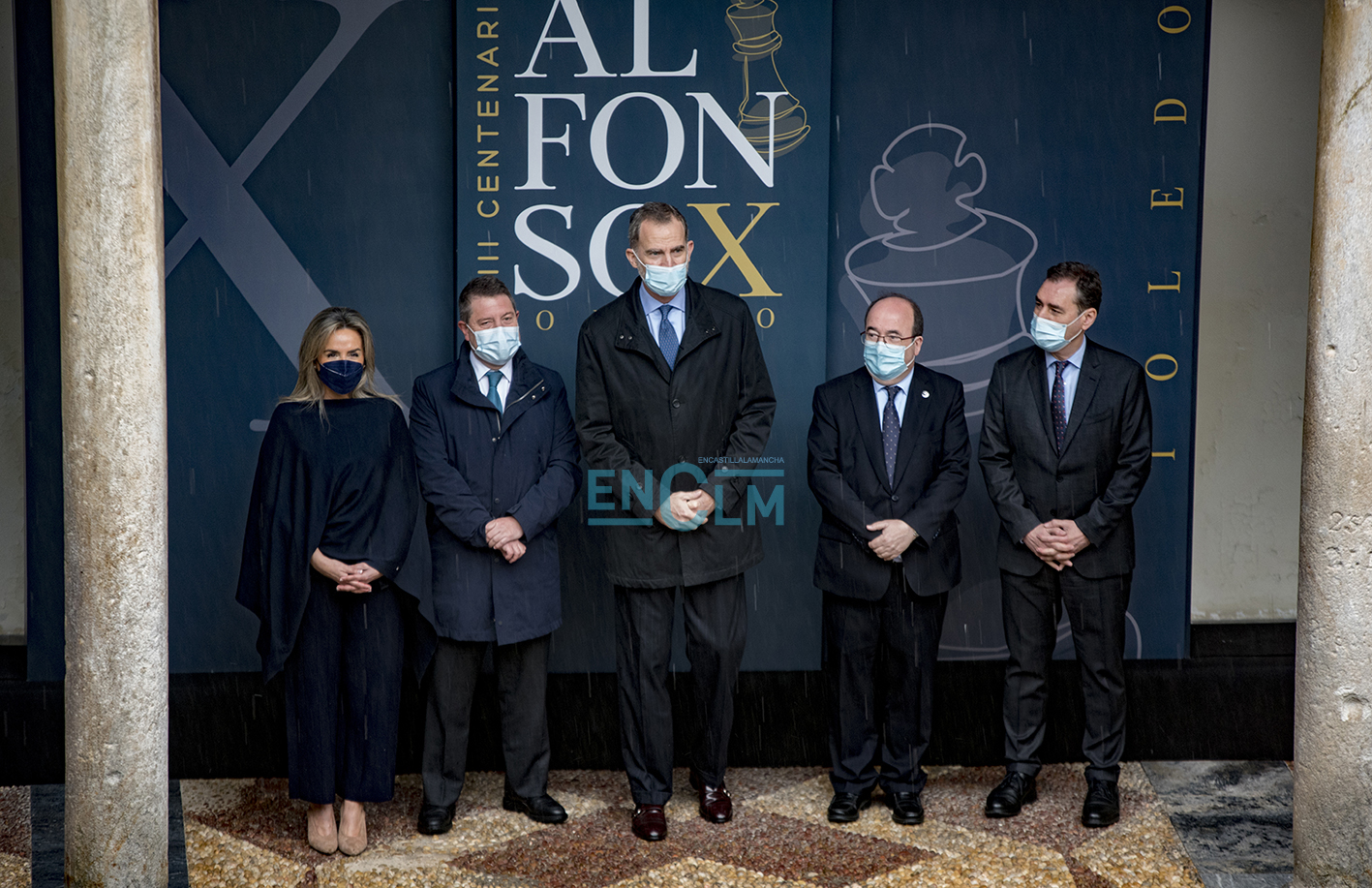 Milagros Tolón, alcaldesa de Toledo; Emiliano García-Page, presidente de CLM; el rey Felipe VI; Miquel Iceta, ministro de Cultura y Deporte; y Francho Tierraseca, delegado del Gobierno en CLM. Foto: Rebeca Arango.