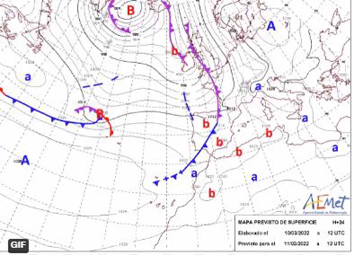 El mapa continental de la Aemet para las próximas horas. Imagen: Aemet.