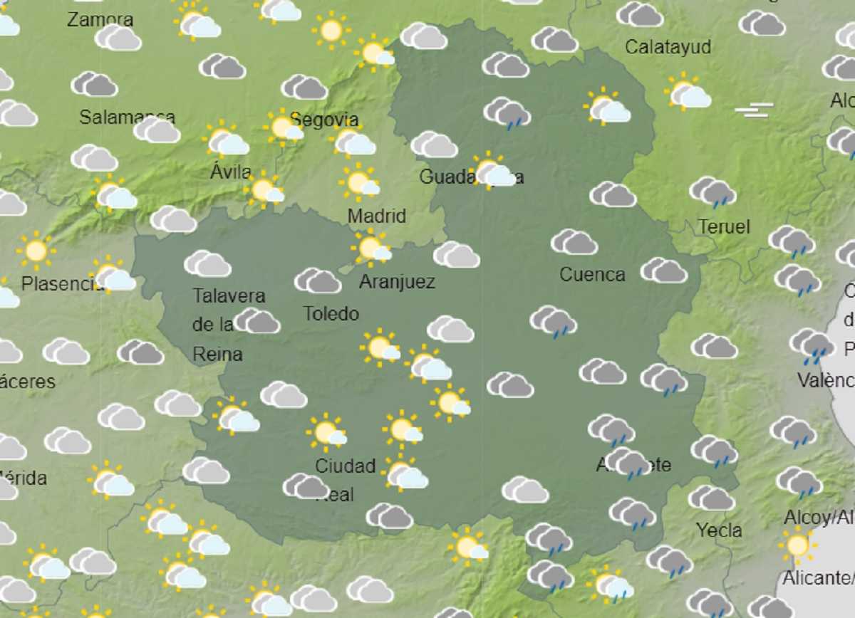 Previsión de Aemet para las 14 horas del sábado en Castilla-La Mancha.