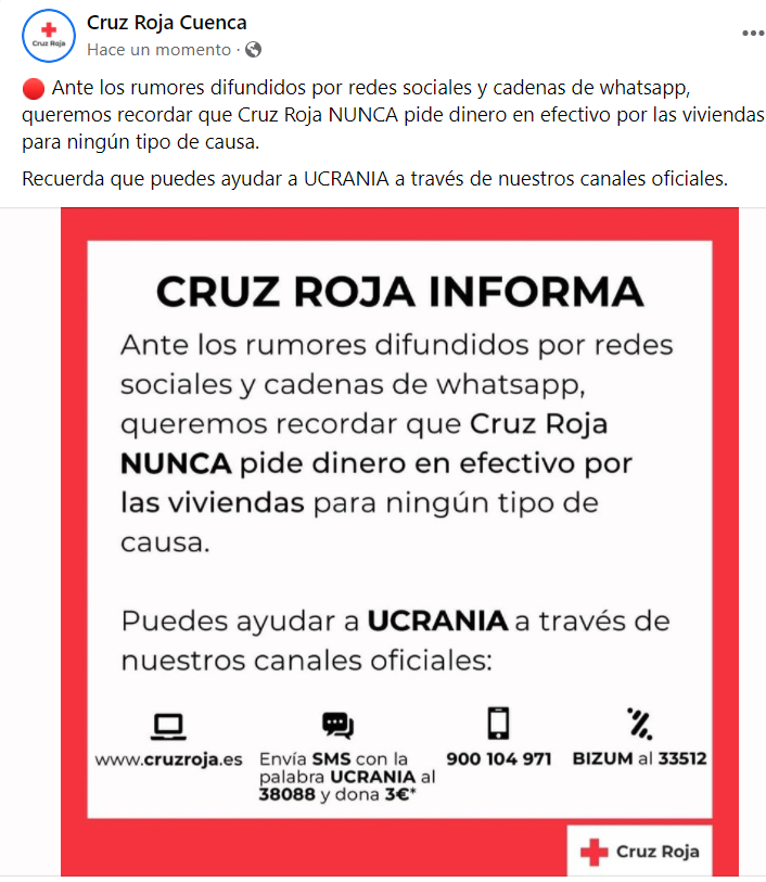 Comunicado oficial por Facebook de Cruz Roja Cuenca.
