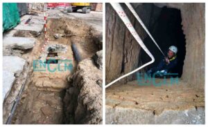 A la izquierda, el pozo por fuera. A la derecha, una persona en su interior para inspeccionar el pozo.