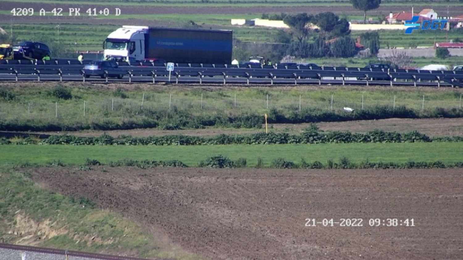 Retenciones a consecuencia de los tres accidentes en la autovía A-42, en el término municipal de Numancia de la Sagra (Toledo).