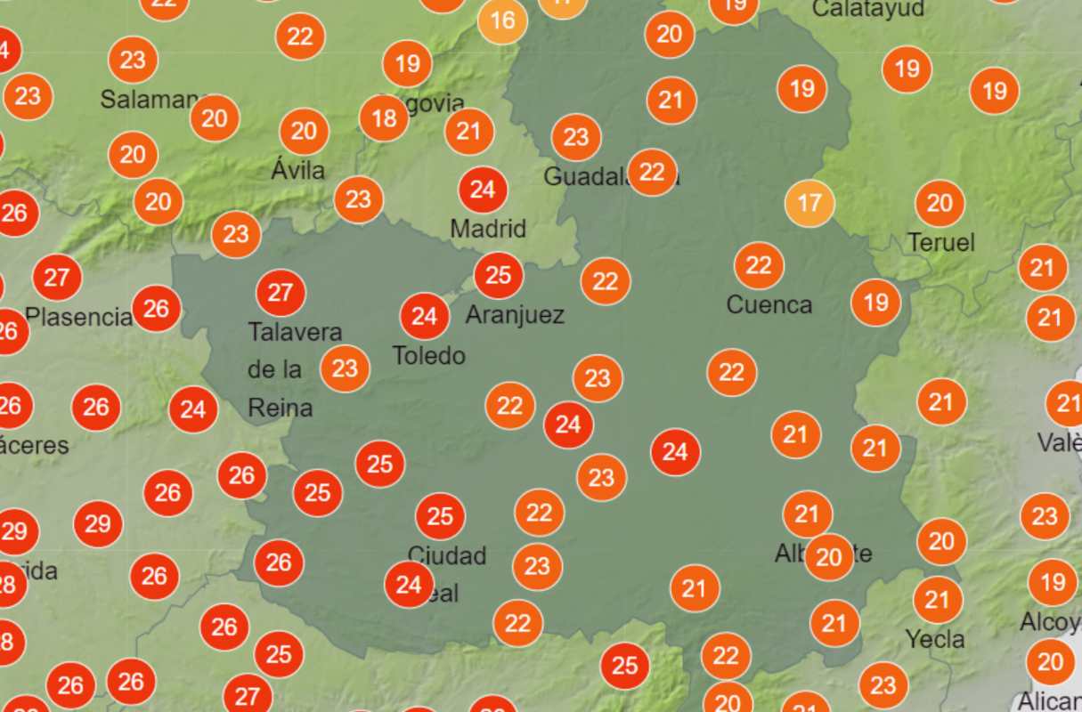 Temperaturas que prevé Aemet para esta tarde en Castilla-La Mancha.