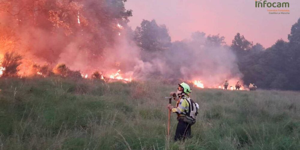 Efectivos del Plan Infocam trabajando en el incendio de Sierra de la Culebra.