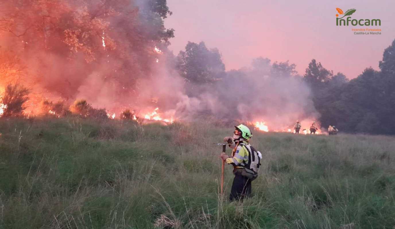 Efectivos del Plan Infocam trabajando en el incendio de Sierra de la Culebra.