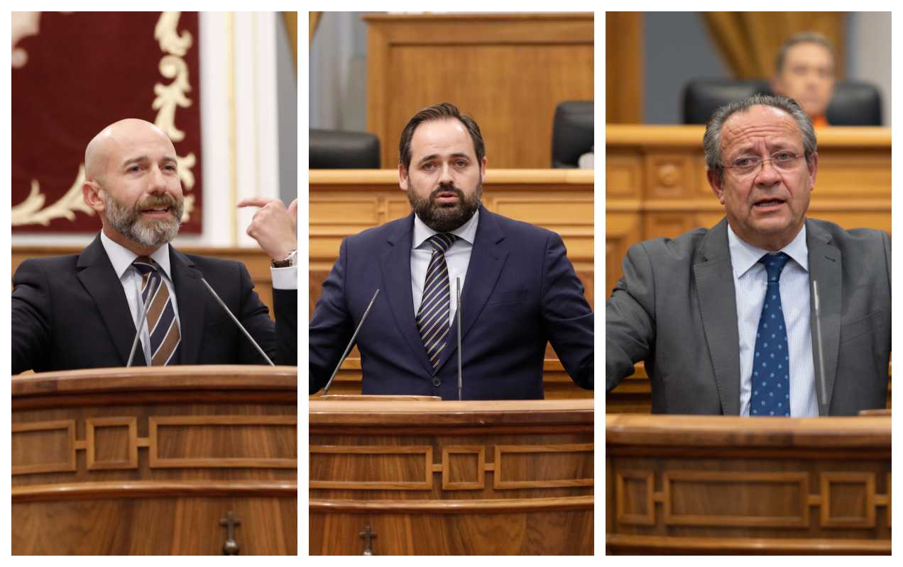 David Muñoz Zapata (Cs), Paco Núñez (PP) y Juan Alfonso Ruiz Molina (consejero de Hacienda), durante del pleno de las Cortes de este jueves 30 de junio.