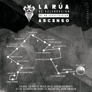 Ruta que seguirá el autobús del Albacete Balompié durante la celebración del ascenso a Segunda División. Imagen del Albacete Balompié.