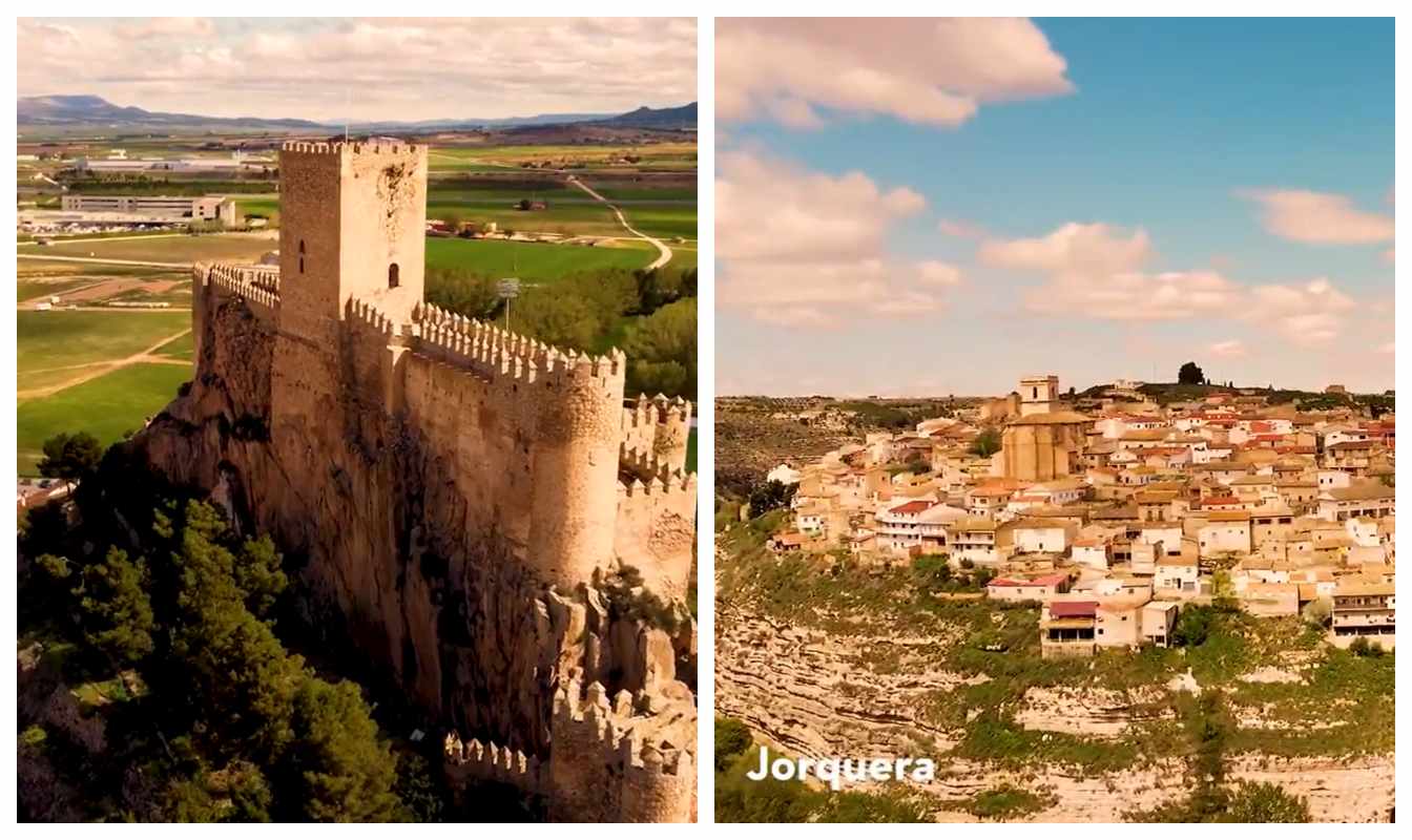 El castillo de Almansa y el municipio de Jorquera, ambos en la provincia de Albacete.